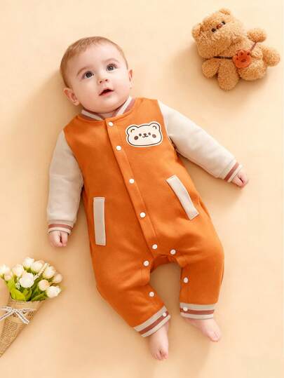 1pc Baby Boys Cartoon Bear Print  Casual Jumpsuit Romper Outfit