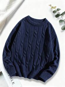 1件少女休闲纯色扭绳设计套头毛衣，舒适保暖，适合户外活动、营造圣诞氛围、作为圣诞礼物以及秋冬季穿着。 - 藏蓝色 - 查看 6