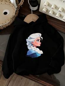 Women'S Cozy Fleece Hoodie With Elsa & Anna Frozen Graphic Print - Casual Pullover Sweatshirt, Long Sleeve, Regular Length, Perfect For Fall/Winter, Casual Winter Wear | Cartoon Print Hoodie | Stretchy Fabric Hoodie, Elsa Items/Jumpers/Clothes - màu đen - Xem 1