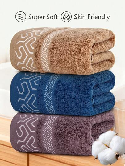 2pcs Premium Luxury Cotton Towel Set, 2 Bath Towels/2 Hand Towels, Geometric Jacquard Design, Soft & Comfortable Pile, Skin-Friendly, Quick Drying, Color-Fast, Purple, Green, Blue, Suitable For Home, Bathroom, SPA, Sauna, New Year Gifts