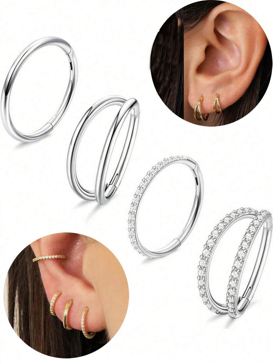 4 piezas Anillos para la nariz elegantes y sexys de 16G - Acero inoxidable hipoalergénico, con acentos de circonita cúbica para uso diario y fiestas - Juego de cuatro piezas - Ver 1