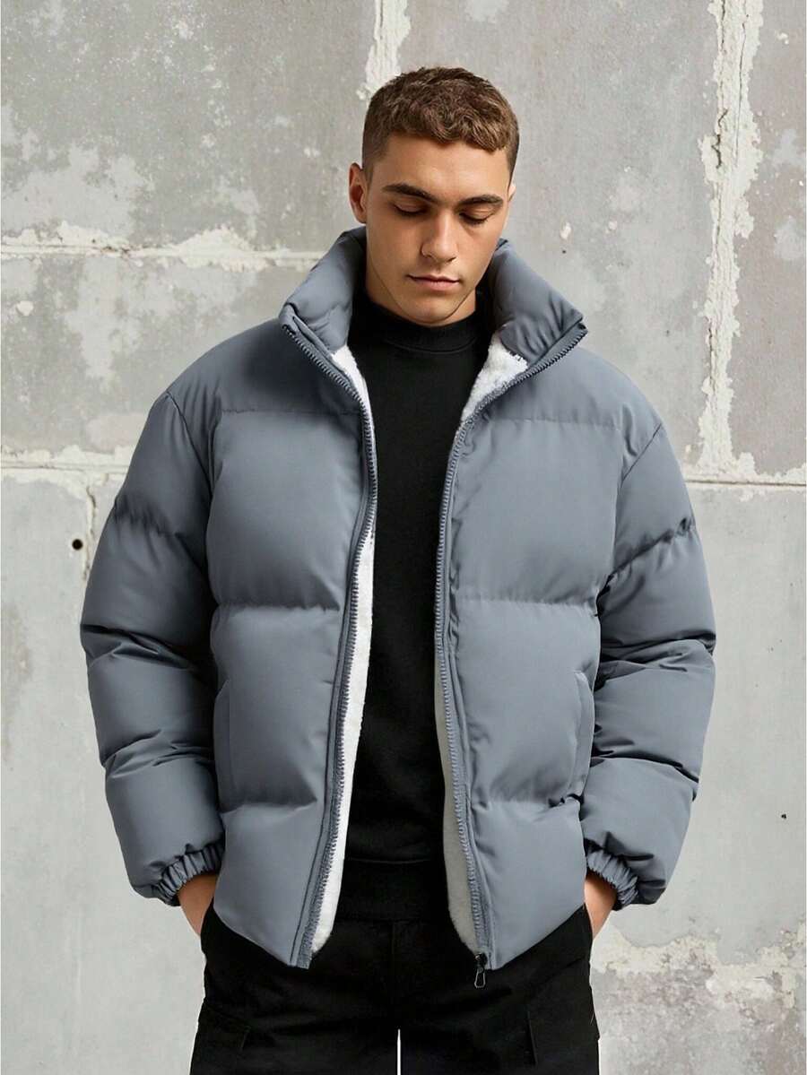 Men's Autumn/Winter Outdoor Sports Loose Fit Thickened Fleece Casual Fashionable Jacket - Light Grey - View 1