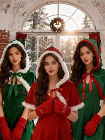 1件圣诞派对连帽斗篷披风，35厘米短披肩，适合狂欢节、新年派对、小红帽、女巫等角色扮演服装 - 红色、酒红色、橄榄绿