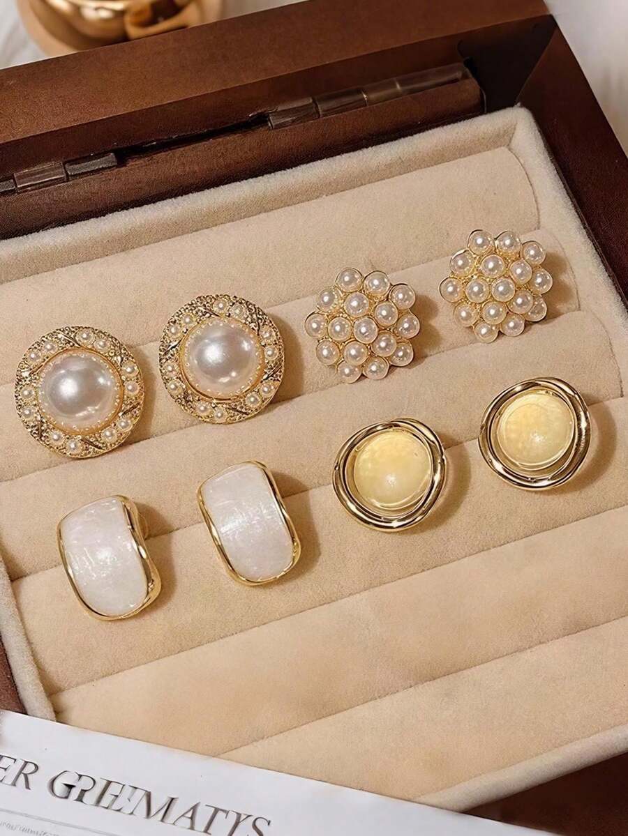 4对/套 仿珍珠花朵球形耳钉，简约法式珍珠光泽几何猫眼时尚耳环套装，适合女士日常及节日佩戴 - 金色 - 查看 1