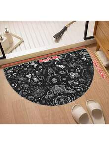 1件万圣节主题门垫，涤纶材质，防滑可水洗，半圆形入口地毯，黑色底骷髅图案，适合室内外使用，装饰地毯 - 黑與白 - 查看 4