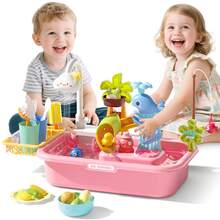 4-In-1 Pretend Play Kitchen Sink Water Play Table Interactive Washing Up Toy - Pink - View 2