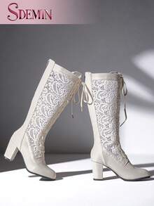 SDEMIN Women's White Floral Lace Knee-High Boots - Vintage Elegant Block Heel Style With Rear Zipper For Easy On/Off & Front Lace-Up For Calf Adjustment, Faux Leather & Delicate Lace Design For Spring/Summer Weddings, Parties & Dates - White - View 6