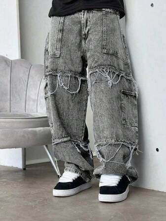 Boys' Loose Fit Jeans With Fringe, Comfortable Black Casual, Daily, School, Sports, Retro, Wide Leg, Versatile Denim Pants