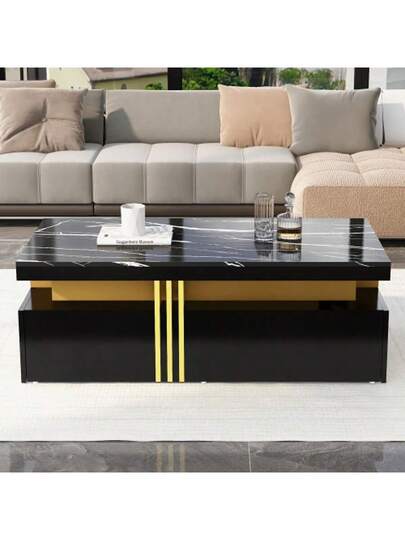 Moderne Rectangular Coffee Tafel High Gloss Top, Wooden Drawers, Marbled Tabletop, Living Room, 100*50*40 Cm view 6