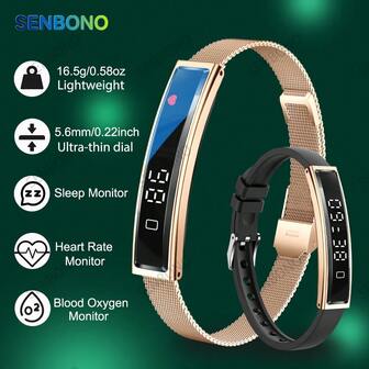  SENBONO 新款时尚智能手环，配备心率监测、血氧监测、睡眠监测、多种运动模式、计步功能，优雅不锈钢表壳，摇一摇即可拍照，IPX8 (5ATM) 防水，可游泳佩戴，轻巧时尚，男女皆宜，兼容手机——情人节礼物，送给女士或男士的完美礼物