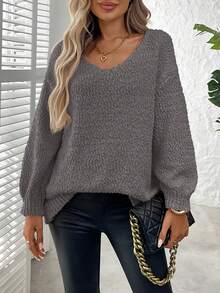 Plus Size Solid Color Crew Neck Casual Long Sleeve Knit Sweater Vacation - Dark Grey - View 5