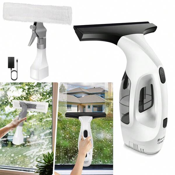 Vandise Rechargeable Cordless Window Cleaner with 150mL Water Tank & 300mL Spray Bottle, Electric Squeegee with 280mm Nozzle, 3.5V Battery (50min Runtime), Includes Microfiber Cloth for Windows, Tiles, Mirrors, Showers