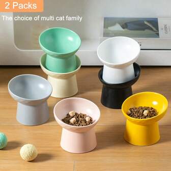 2 件装陶瓷加高猫碗 升高倾斜猫食碗和水碗套装 瓷质无压力宠物喂食盘 适用于猫和小型犬 可用洗碗机和微波炉