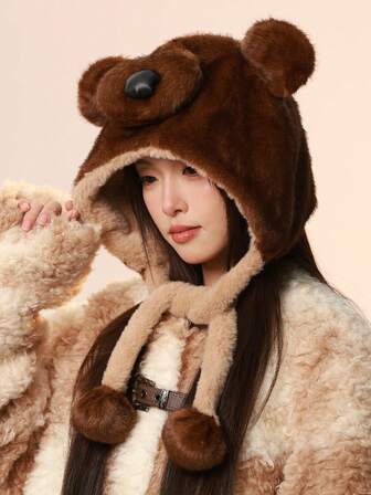 1pc Women's Cute Bear Ear & Nose Design Hat, Fashionable Casual Versatile Warm Earmuff Hat For Autumn/Winter Outdoor Sports, Commuting, Comfortable Fuzzy Pom Pom Long Cord Plush Hat, Suitable For Daily And Holiday Use