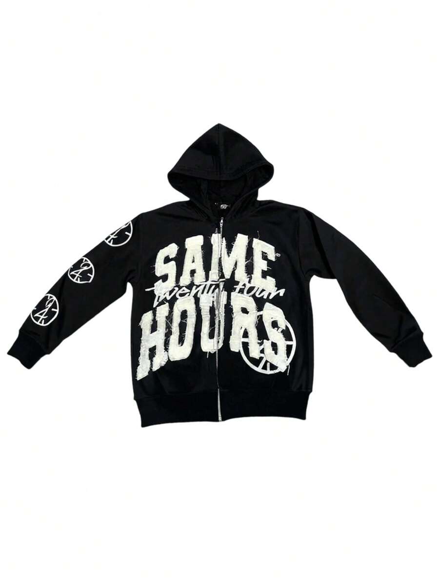 Y2K Letter Zip-Up Hoodie, Oversized Print Jacket, Gothic Retro Hoodie, Streetwear - 黑色 - 查看 1