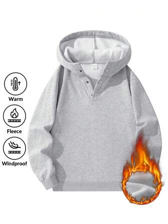 Men's Fleece Hooded Warm Hoodie, Simple Solid Color, Elastic Cuffs, Classic Button Design, Comfortable To Wear.