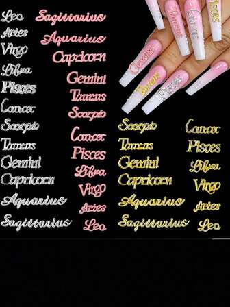 12/36 piezas de encantos de uñas con signos del zodíaco en dorado, plateado y rosa, encantos de palabras de constelación, encantos de signos del zodíaco para mujeres y niñas, decoración de arte de uñas