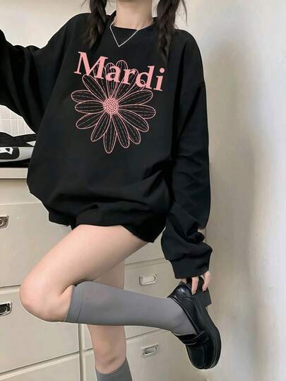 y2k、320gカジュアルレイジースタイルレディース秋冬ファッションルーズラウンドネックロングスリーブスウェットシャツスウェットシャツ、花柄レタープリント、柔らかい生地、ユニセックスワンピースウェアアウトサイド面白いプルオーバートップ