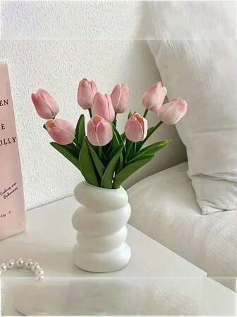 1pc Modern Art White Wavy Plastic Vase Artificial Mixed Bouquet Creative Irregular Shape Home Decor Living Room Coffee Table Centerpiece Nordic Style Flower Combination Decorative Piece