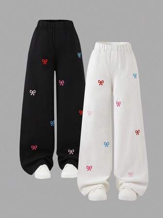 2pcs Girls Casual Outdoor Street Comfortable Daily Versatile Black & White Cute Butterfly Embroidery Wide Leg Straight Jeans