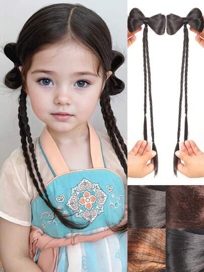 14英寸蝴蝶结双辫马尾假发，适合女性和儿童日常及节日佩戴。