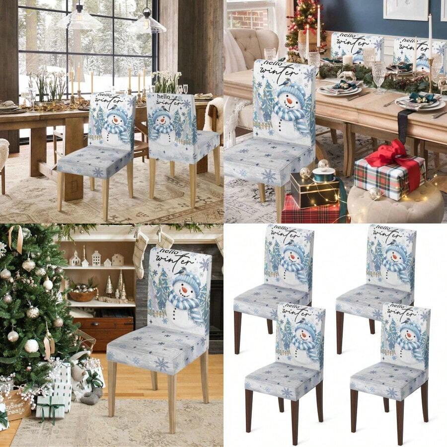 Horaldaily 4PCS Christmas Dining Chair CoversBlue Snowman Stretch Removable Washable Slipcover Chair Protector For Dining Room Home Decor - Blue+4 - View 1