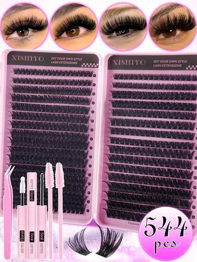 544/640片D型卷翘蓬松单根假睫毛，包含胶水、刷子和镊子。新手友好，打造柔软自然的睫毛效果，浓密自然，可DIY分段式假睫毛，适合不同眼型。套装包含假睫毛、胶水和镊子，方便新手使用。