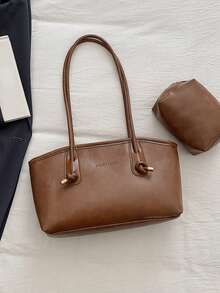 Women's Minimalist Tote Bag, Convertible Shoulder Bag, Versatile Commuter Handbag - Brown - View 2