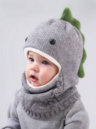 1 pieza Conjunto de gorro y cuello calentador con diseño de dinosaurio de dibujos animados para bebé, gorro forrado térmico divertido, protección contra el viento para orejas para niños y niñas, otoño/invierno