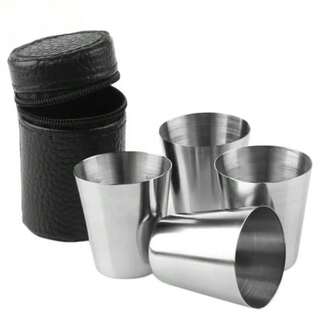 4pcs/Set Outdoor Practical Travel Stainless Steel Cups Mini Set Glasses For Whisky Wine With Case Portable Drinkware, 30ml Outdoor Stainless Steel Cups Shots Set,Mini Mugs For Whisky Wine Beer Cup With Leather Cover Bag For Kitchen Bar
