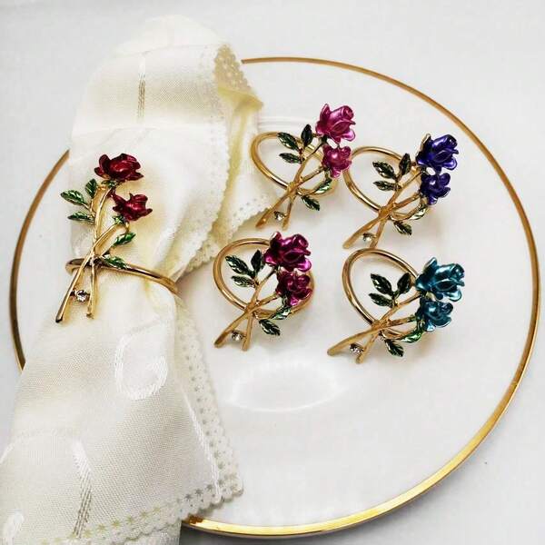 5 Rose-Decorated Napkin Rings, Valentine's Day Restaurant Decoration. Made Of Zinc Alloy, They Can Be Used For Tabletop Decoration Of Napkins. European And American Retro Style, With Multi-Color Rose Patterns, Easy To Store, Suitable For Candlelight Dinner Decoration, Holiday Parties, And Hotel Tabletop Decoration.