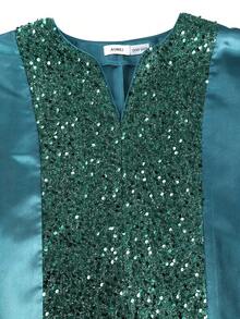 AOMEI 非洲亮片布布连衣裙，女士拼接亮片优雅蓝色V领亮片拼接短袖宽松布布长缎连衣裙，非洲长袍 - 藍色 - 查看 4