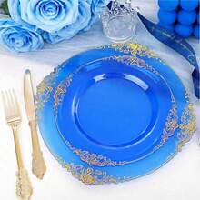 50pcs/25pcs/20pcs/10pcs Transparent Blue Rimmed Plates, Party Decor Plates, Western Dinner Plates, Banquet Plates, Pasta Plates, Large 10.25in/Small 7.5in, Reusable Washable Blue Rimmed Plates, Transparent Blue Baroque Style Plates With Gold Foil Rim, Suitable For Party, Banquet, Wedding, New Year, Valentine's Day, Quality Plate Set - Blue - View 4