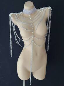 ZHENGHEN 1 pieza Cadena para el Body con tirantes finos y flecos metálicos de estilo gótico y sexy en color negro, cadena de hombro de lujo, atuendo de fiesta de moda para la reina - Beis - Ver 3