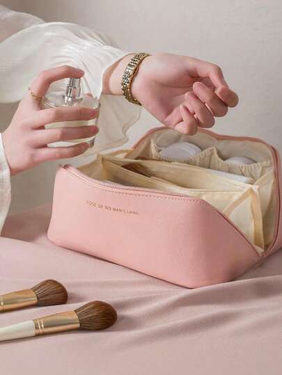 1 pieza Bolsa de maquillaje con compartimentos de alta capacidad, bolsa de maquillaje de viaje, bolsa de cosméticos de gran capacidad para mujeres, bolsa de aseo impermeable y portátil que se abre plana con divisor y asa, estuche de cosméticos, bolsa de aseo de viaje, organizador de almacenamiento grande, bolsa de cosméticos de lujo, kit de aseo de viaje portátil (ROSA), Vibraciones bohemias