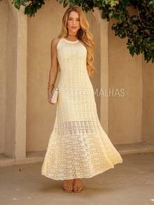 Women's New Year's Eve Knit Dress With Lace, Lined, Flared, Summer Style, Elegant Knit - 奶油黃 - 查看 2