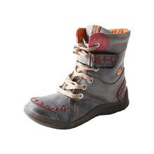 1 Pair TMA EYES Women's Black Vintage Ankle Boots, Distressed Leather With Color-Block Stitching, Plush Lining & Multi-Detail Design - 黑色 - 查看 2