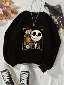 Nightmare Before Christmas Sally Gothic Floral  Sweatshirt - Women's Tim Inspired Casual Round Neck Pullover, Machine Washable Fall Winter Sweater For Themed Events & Casual Attire - màu đen - Xem 1
