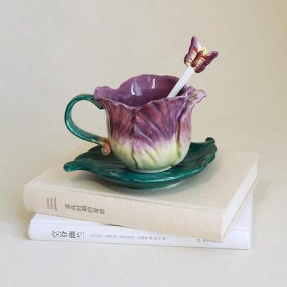 Ceramic Tea Cup And Saucer Set ,6OZ 3D Hand-Painted Flower And Lotus Leaf Coffee Mug,Gift For Women- Purple Tulip