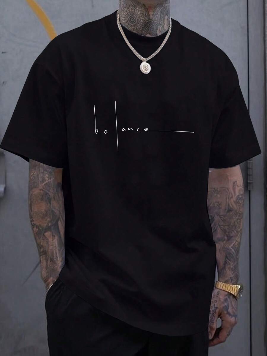 Men's Fashionable Letter Print Round Neck Short Sleeve Casual T-Shirt - Black - View 1