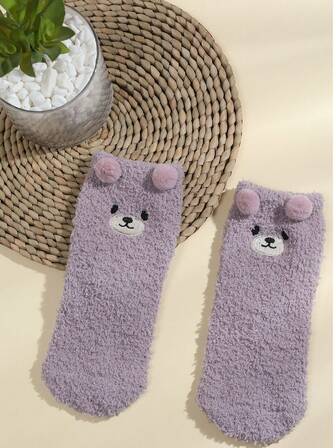 1 Pair Kids 3-16 Years Old Cute Animal Series Corgi, Panda, Rabbit, Bear, Dinosaur Embroidered Warm Coral Fleece Socks, Essential For Autumn/Winter
