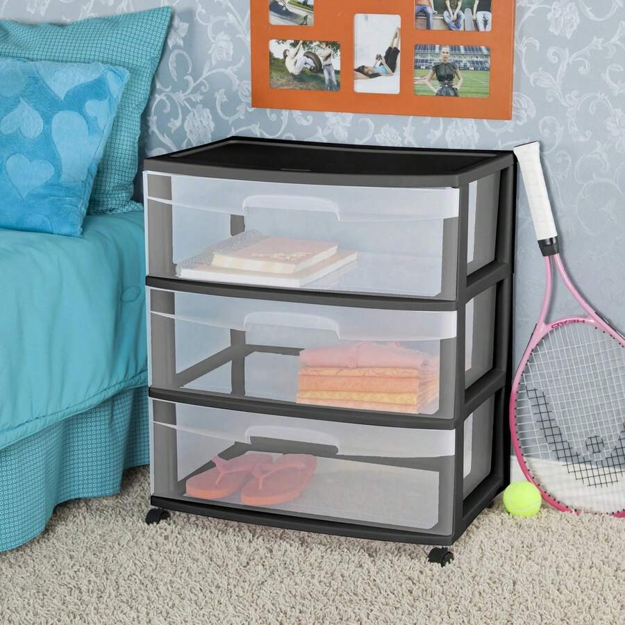 Storage Drawer, 3 Drawer Wide Plastic Storage Cart With Clear Pull Out Drawers, Black - Black - View 1