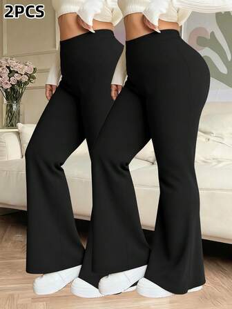 2 piezas - Pantalones acampanados deportivos de talla grande para mujer, otoño/invierno, de unicolor, cintura alta elástica, leggings ajustados adelgazantes de yoga, suaves y cómodos, moda minimalista, pantalones casuales