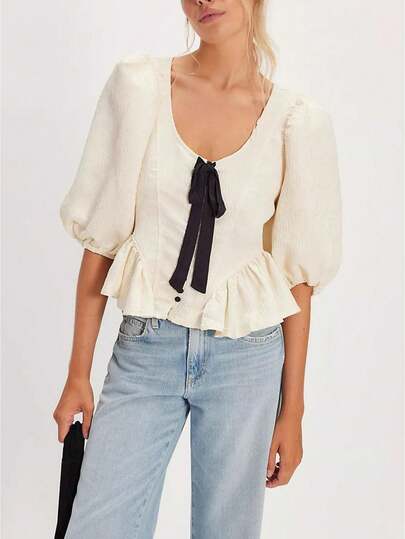 Womens Fall Tie Front Tops Babydoll Peplum Puff Sleeve Jean Shirts Crew Neck Summer Casual Bow Blouses Streetwear