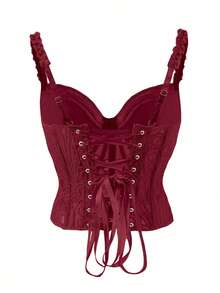 1pc Mint Green Textured Sheer Floral Lace Hollow Out Cropped Bustier Top, Suitable For Daily Wear/Party/Wedding - Burgundy - View 4
