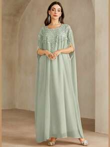Women's Round Neck Elegant Long Dress With Embellished Floral Collar And Rhinestones, Solid Color - Green - View 3