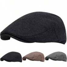 1pc Men's Patchwork Beret Hat, Fashionable Geometric Pattern Newsboy Cap, Outdoor Casual Warm Front Closure Hat Suitable For Autumn/Winter, Street, Business, Party