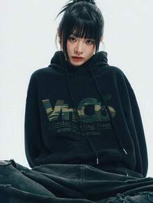 Fall/Winter 300g Y2K Women's Print Rose Fit Street Fashion Women's Hooded Sports Hoodie Long Sleeve Hooded Jacket - 黑色 - 查看 1