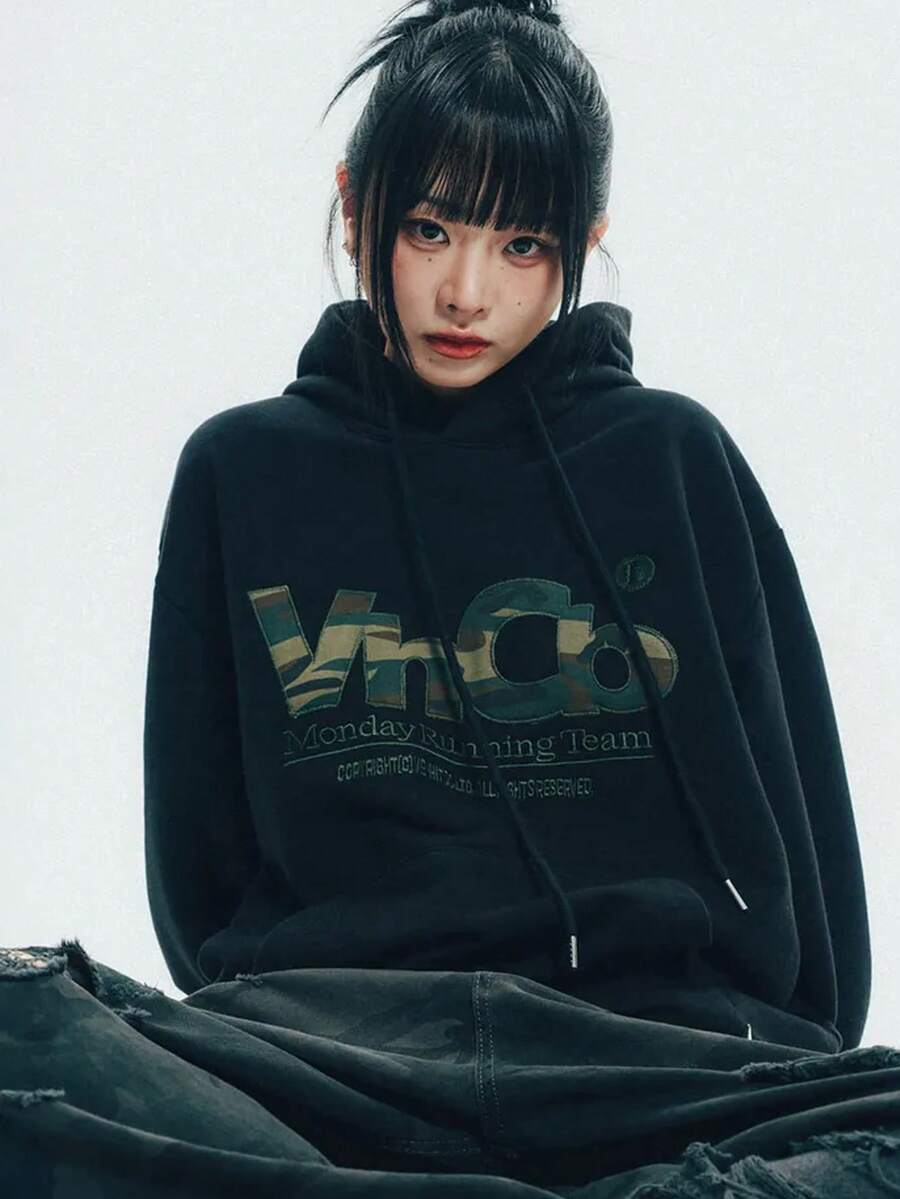 Fall/Winter 300g Y2K Women's Print Rose Fit Street Fashion Women's Hooded Sports Hoodie Long Sleeve Hooded Jacket - 黑色 - 查看 1