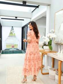 Women's Elegant Floral Embroidered Lace Midi Dress, 100% Cotton, With Puff Sleeves, Front Buttons And Full Skirt - Romantic And Sophisticated Look, Summer 2025 - 桃橙 - 查看 3